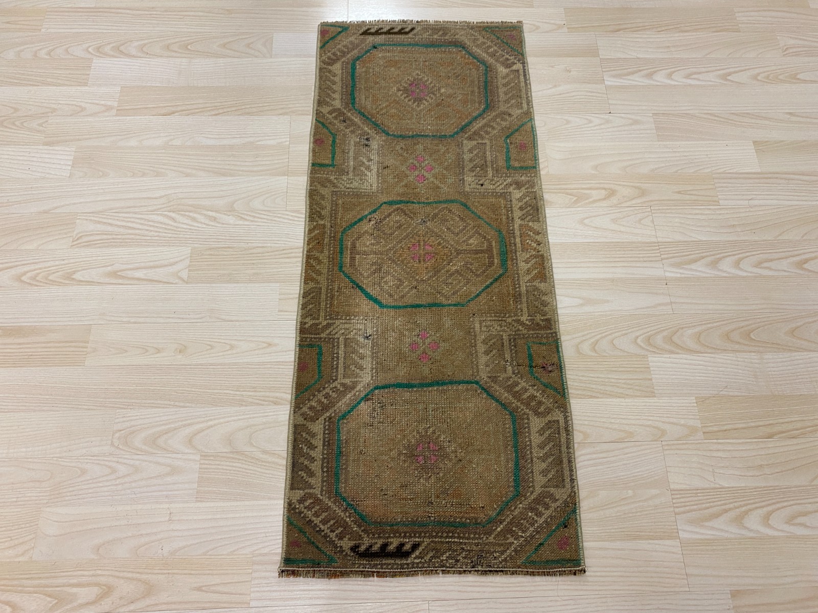 Antique Turkish Rug 1.3x3.1 ft Vintage Muted Small Carpet Brown Wool Boho Mat gallery