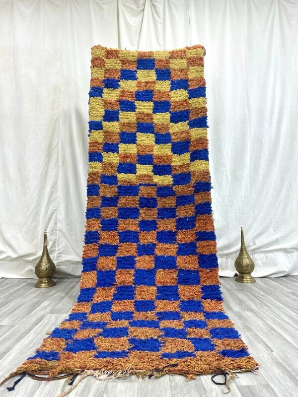 VINTAGE CHECKERED MOROCCAN RUG, Bohrmian Handmade 4'9"x8'3" Boucharouit Runner