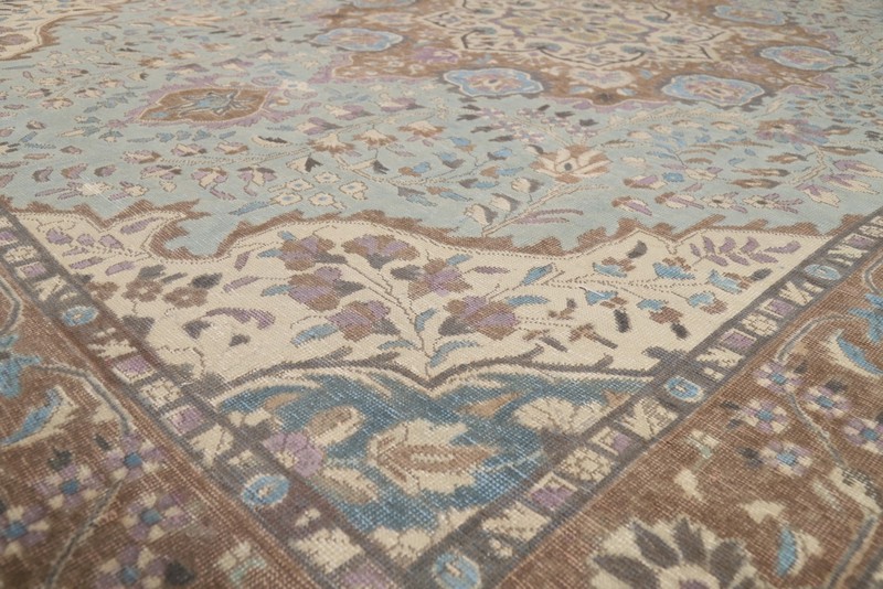Light Blue Over-Dyed Traditional Floral Tebriz Living Room Rug 10x13 Vintage Rug gallery