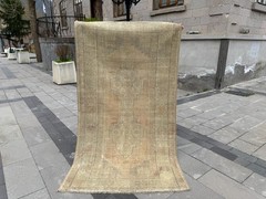 Vintage Oushak Rug 3.9×6.8 ft Area Rug Hand-Knotted Wool Muted Turkish Rug