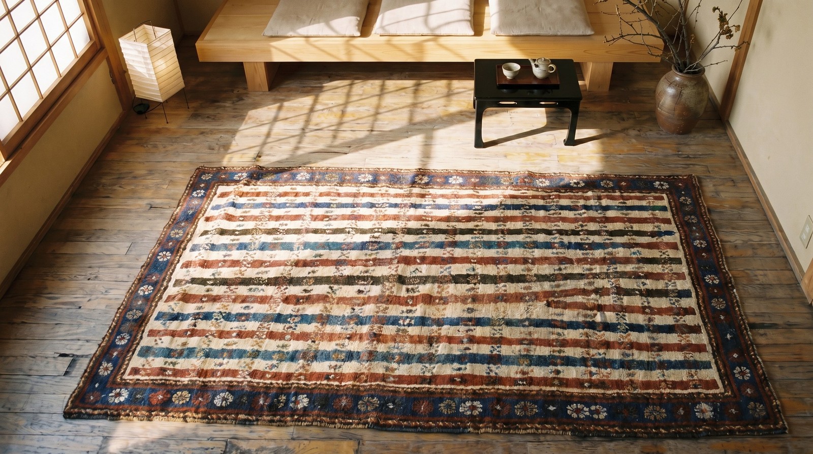 3'x7' Tribal Stripped Antique Ivory Caucasian Late 19th Century Rug gallery