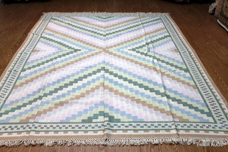 SOUTHWESTERN STYLE Hand made 8X10 WOVEN LIGHT BLUE BEIGE & KHAKI Navajo design gallery
