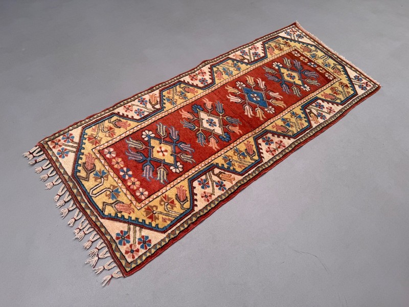 Vintage Turkish Runner 81x190 cm Milas Rug, Terracotta Red, Green, Beige 2575 gallery