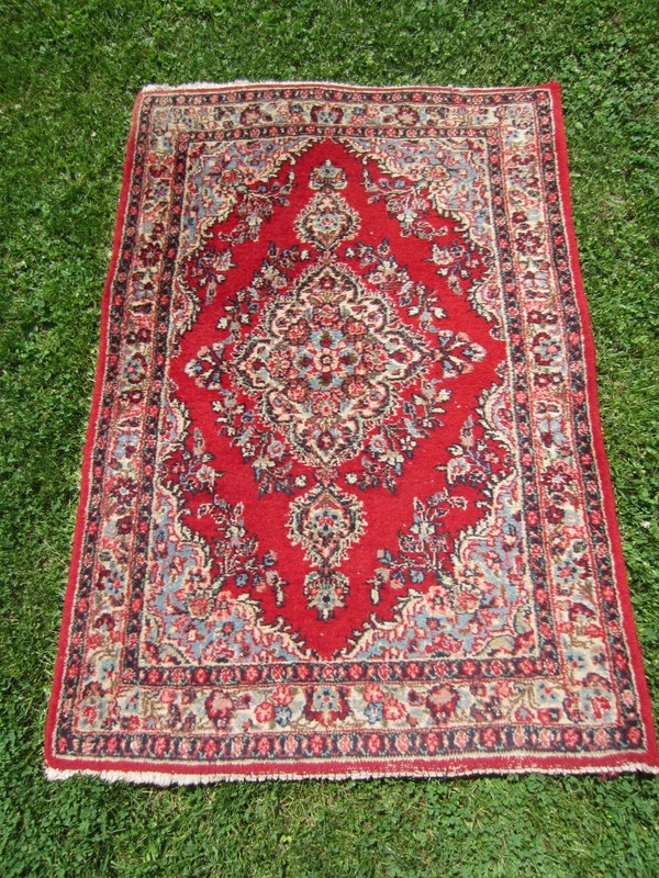 Antique Oriental Wool Hand Woven Rug~Red/Sky/Pink/Navy/Turquoise Green ~5'+x3'+ gallery