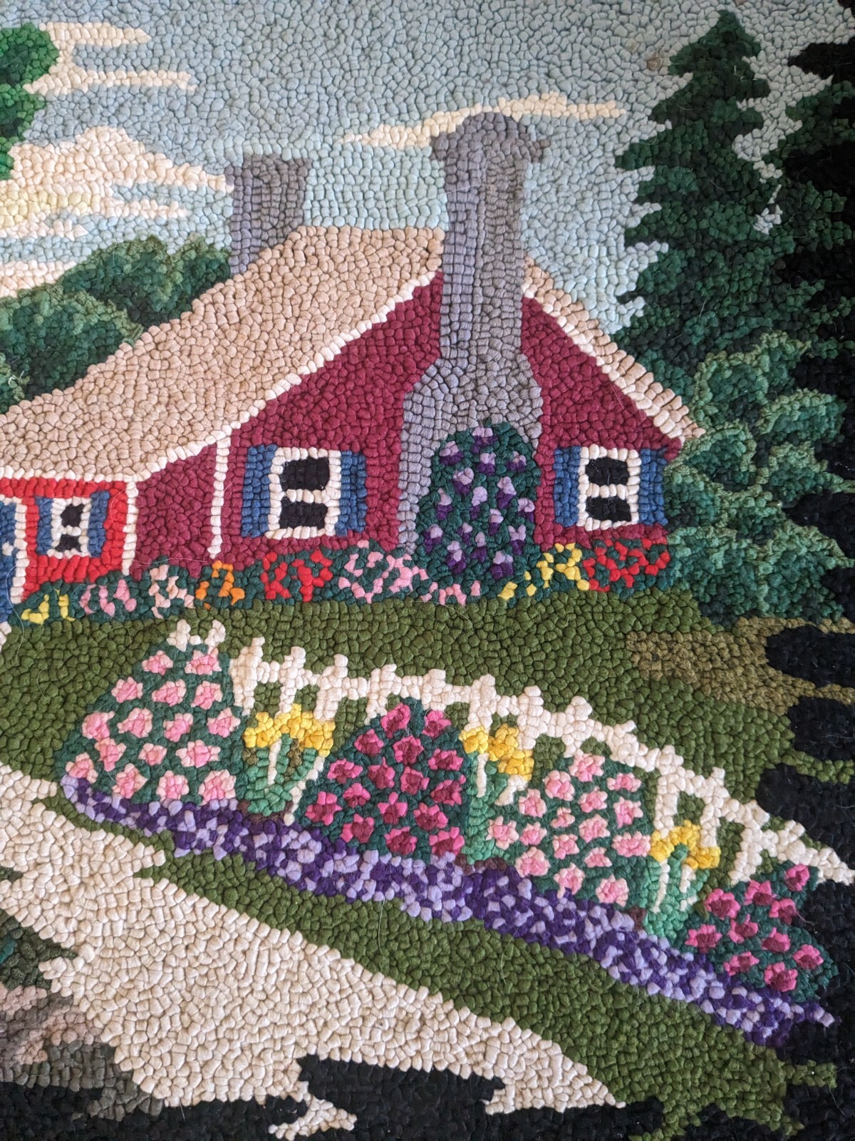 Vintage Hand Made Hooked Rug Cottage SceneryTapestry 38" x 23" gallery