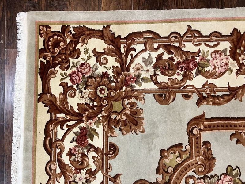 Aubusson Rug 10x13 Cream Mint Green Handmade French European Wool Pile Large Rug gallery