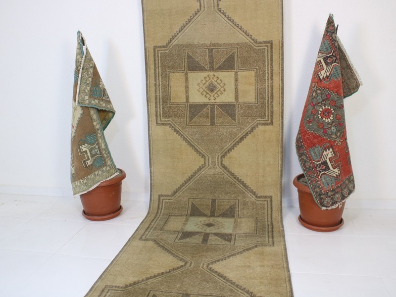 3x13 Beige Runner Rug, Handmade Turkish Rug, Vintage Geometric Rug, 3.1x12.5 Ft gallery