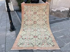 Vintage Turkish Oushak Rug 3.9×6.8 ft Beige Peach Distressed Wool Boho