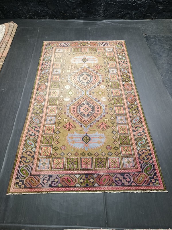 Unique Bulgarian Vintage Green Geometric Rug, 4.7x8.2ft, Carpet from the 1950s gallery