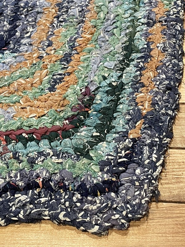 Antique Primitive Hand Woven Braided Rug Blue/Green/Orange Area 4’4”x21” gallery