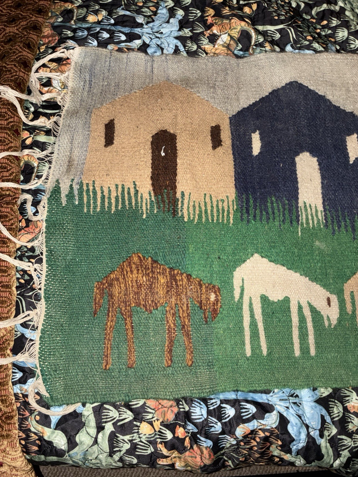 Vintage Wool Pictorial Animal+houses Rug, 35”x 20” gallery