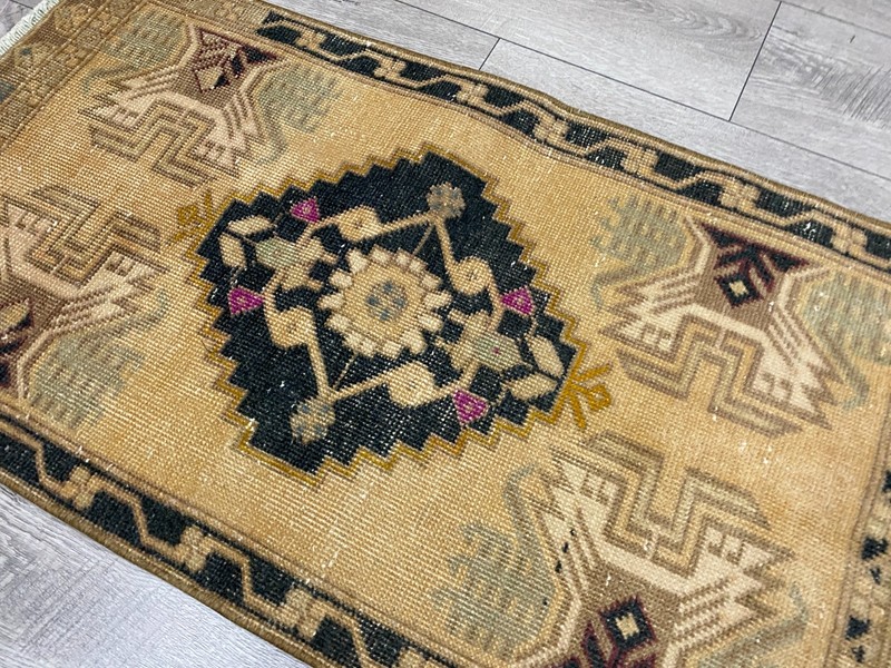 Vintage Turkish Medallion Rug Small Tan Black Navy Oriental Door Mat 1.8x3.3 ft gallery