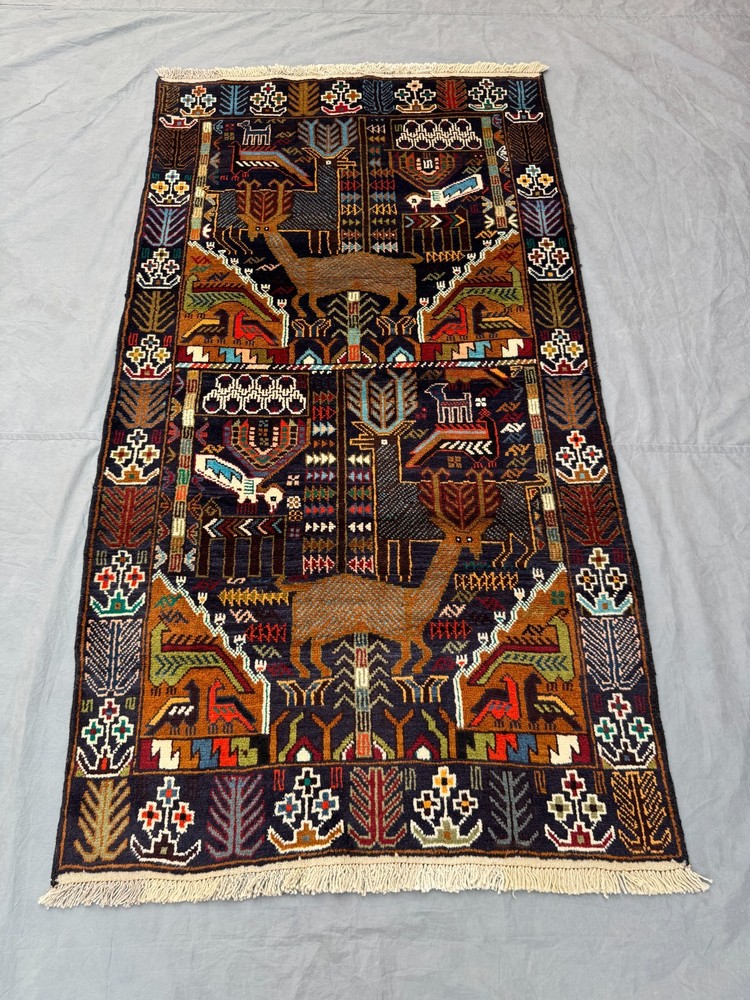 3'7x6'5 ft Vintage Caucasian Pictorial Animal Tribal Hand Knotted Wool Area Rug