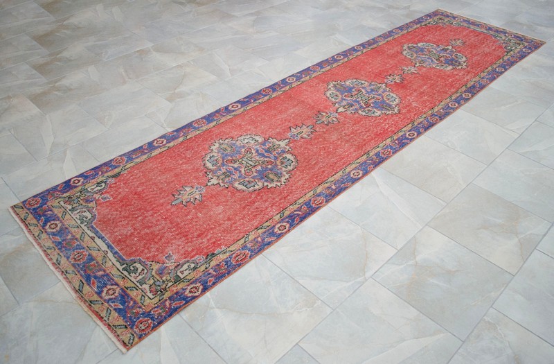 Vintage Turkish Runner Rug Hand-Knotted 1970s Oushak Distressed Low Pile 3x12 ft gallery