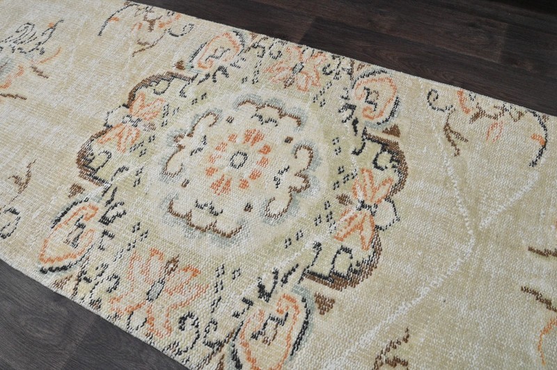 Vintage Turkish Runner Rug 2x7ft BEIGE Handmade Anatolian Oushak Hallway Wool gallery