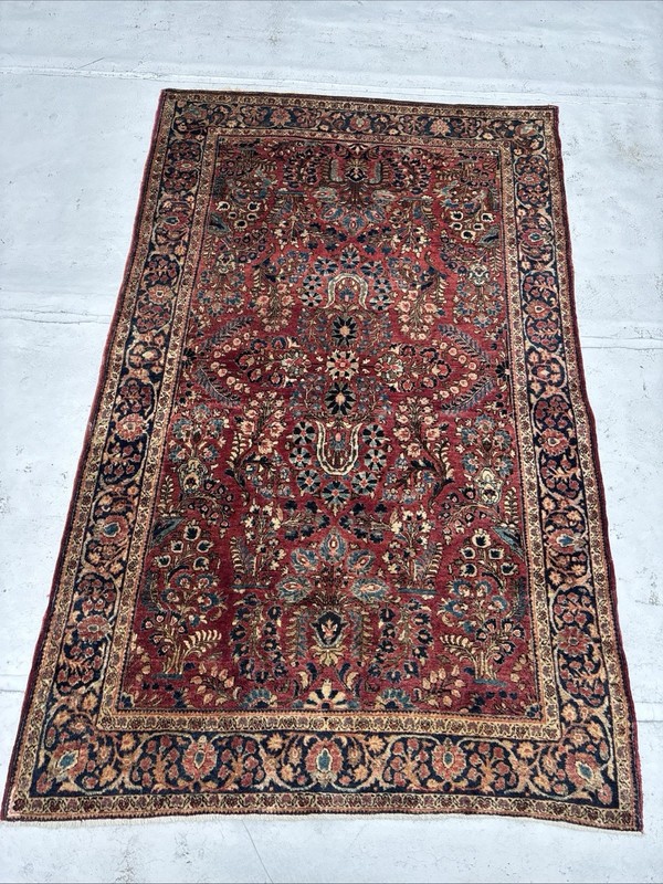 4 X 7 Antique Oriental Rug C. 1925 Deep Rose Field Navy Sky Blue Sand Full Pile gallery