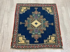 Square rug, Vintage rug, Turkish mini rug, Small rug, Blue rug, 2.1 x 2.2 ft