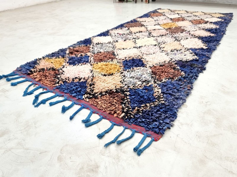 Moroccan Handmade Vintage Boucherouite 3'2x7'4Berber Geometric Blue Cotton Rug gallery