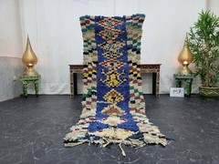 Moroccan Handmade Vintage Boucherouite Rug 2’3″x7′ Berber Geometric Blue Carpet