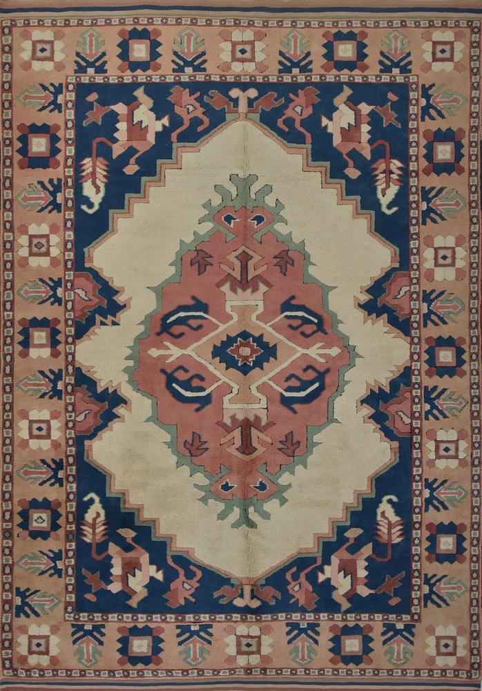Vintage Tribal Rug 6′ x 8’3” White Wool Geometric Hand-Knotted Oriental Carpet