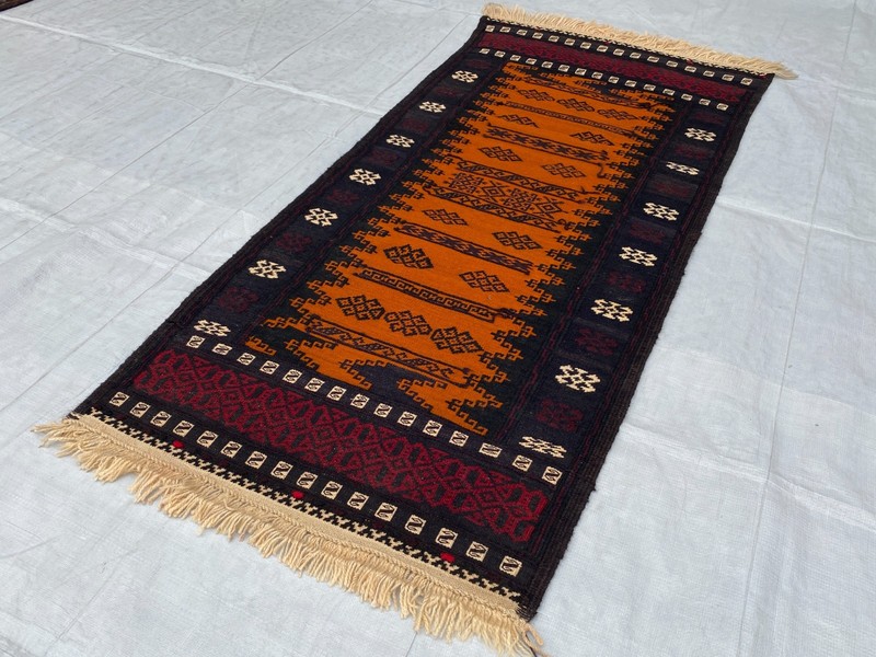2x5 ft Orange Handwoven Afghan Sufreh Antique Geometric Turkmen Wool Area Kilim gallery