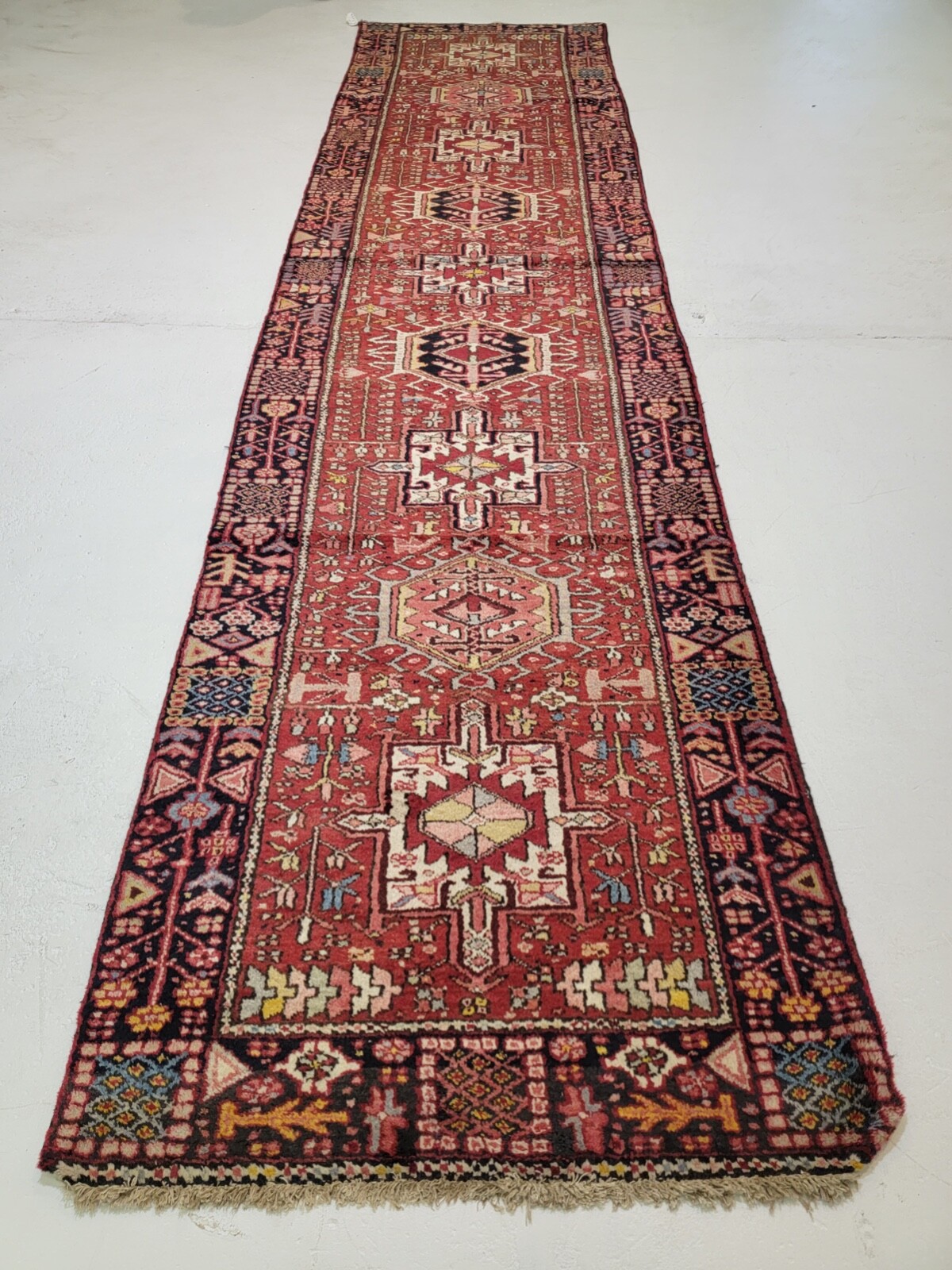 Antique Oriental Hand-Knotted Wool Runner Red/Blue/Ivory 3'8" x 15' gallery