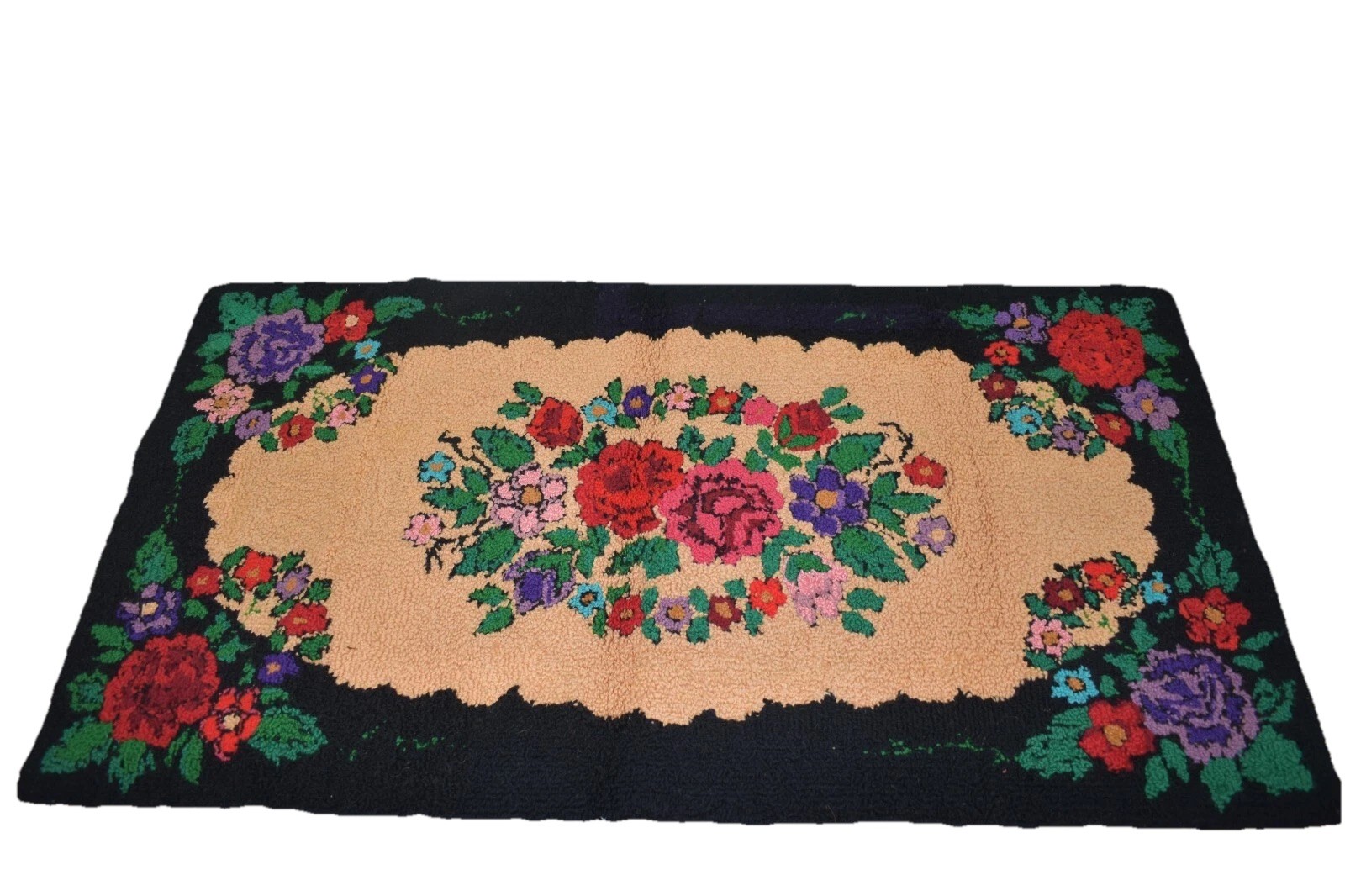 VINTAGE HANDMADE HOOKED RUG FLORAL FLOOR/WALL DECOR FOLK ART 45” x 26” gallery
