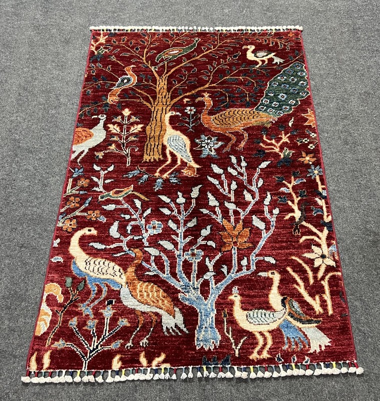 Handmade Afghan Pictorial Peacock Rug 3x4 Ft – Vintage Red Floral Boho Decor gallery