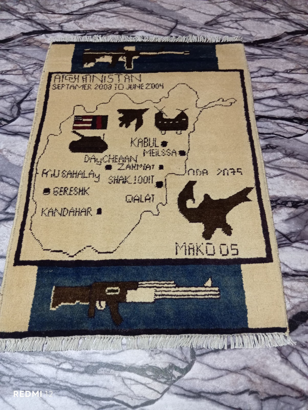 Handmade Afghan War Rug 2x3 ft - Map, US Flag Tank Motif, Dates 2003 to 2004 gallery