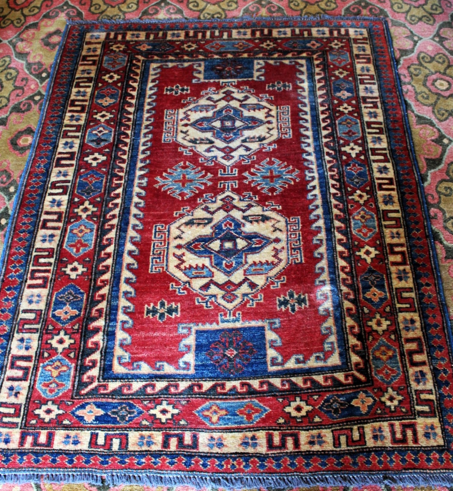 Vintage Kazakh Pakistan Made Hand Knotted Vegetable Dye Wool Rug 41"x56" c.1995 gallery