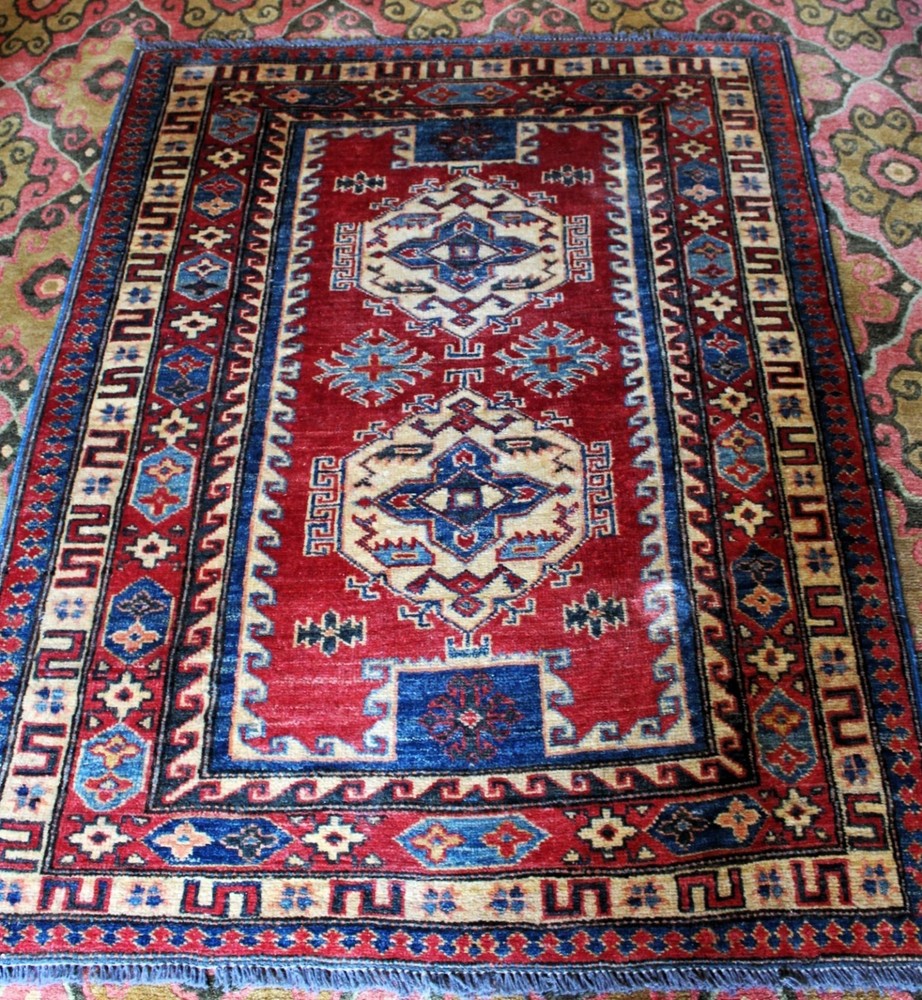 Vintage Kazakh Pakistan Made Hand Knotted Vegetable Dye Wool Rug 41"x56" c.1995