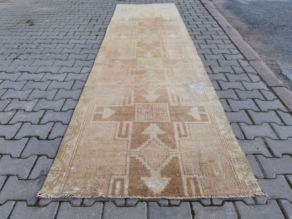 Vintage Turkish Oushak Runner 3x13 ft Hand Knotted Wool Muted Tan Ghost Rug