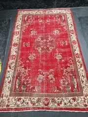 Red Vintage Turkish Living Room Rug, 6.7×10.9ft, Red Antique Floral Bordered Rug