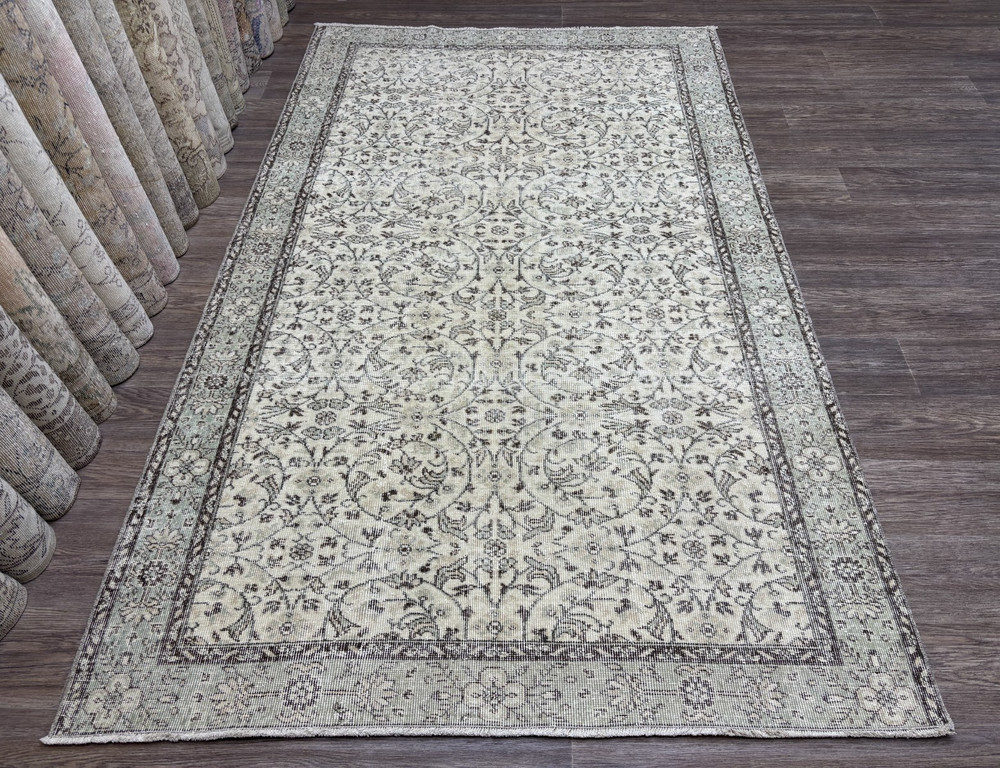 5x9 Hand-Knotted Floral Vintage Beige Green Brown Turkish Living Room Area Rug