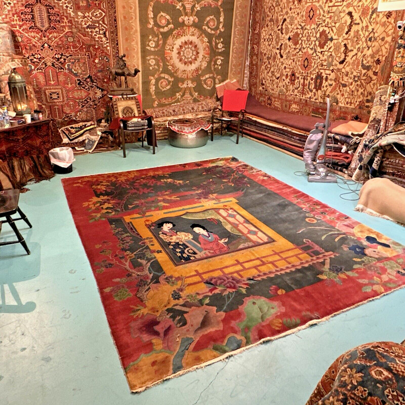 Auth: 20's Pictorial Art Deco Chinese Rug XI Xiang Ji Love Legend 9x12 gallery