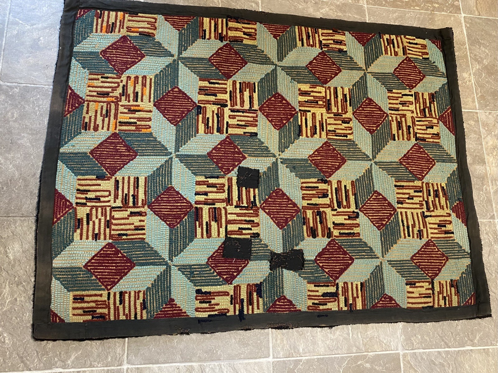 Vintage Antique Handmade Geometric Hooked Rug 40”x31” gallery