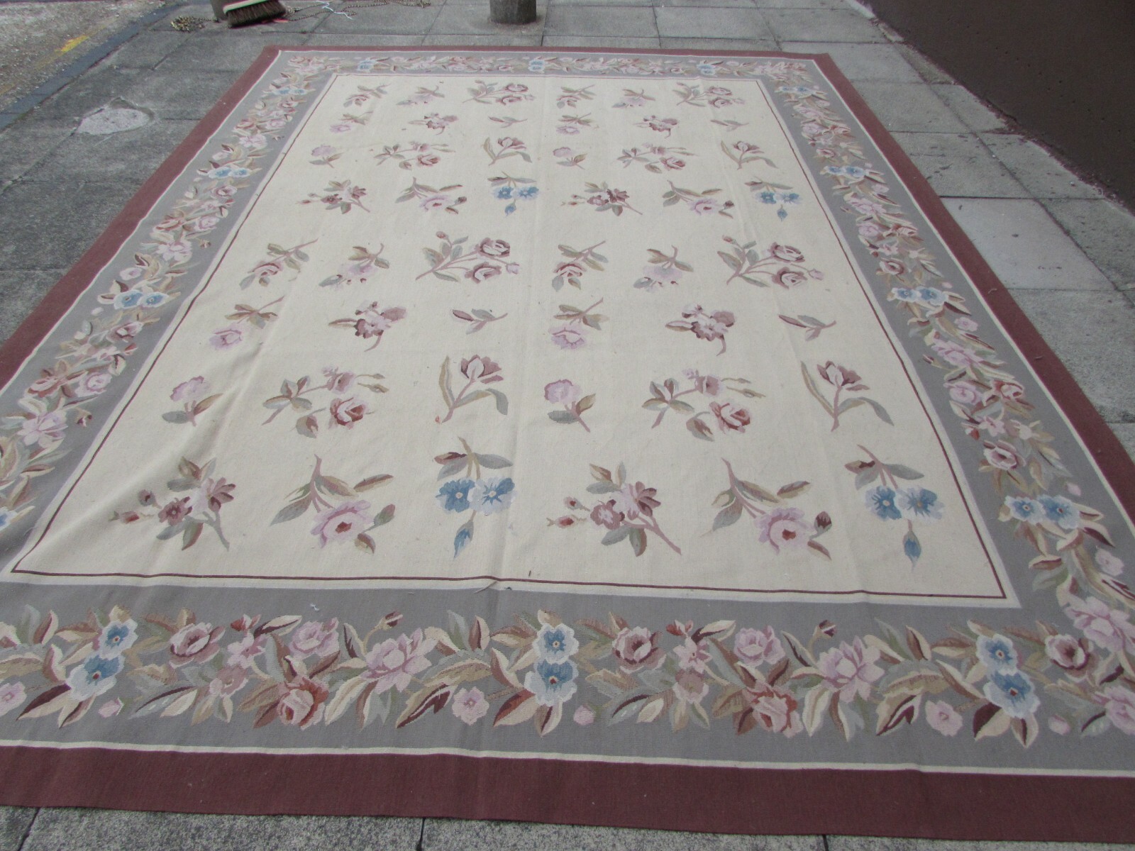 Vintage Hand Made French Design Wool Brown Grey Original Aubusson 376X277cm gallery