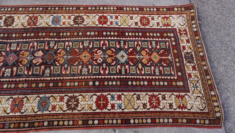 Phenomenal 1880sAntique Caucasian Gendje Hand-Knotted Wool Runner Rug 3'8" x 9' gallery