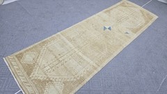 Turkish Runner Rug 3×11 ft Vintage Oushak Muted Cream Brown Blue Faded Neutral