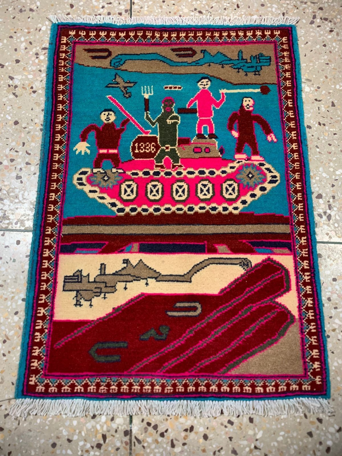 Authentic 1.6ft Afghan War Rug - Hand-Knotted Wool - 2024 Map & Military Folk Ar gallery