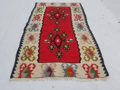 Vintage Traditional Handmade Turkish Wool Red Kilim 3.7×2.1ft